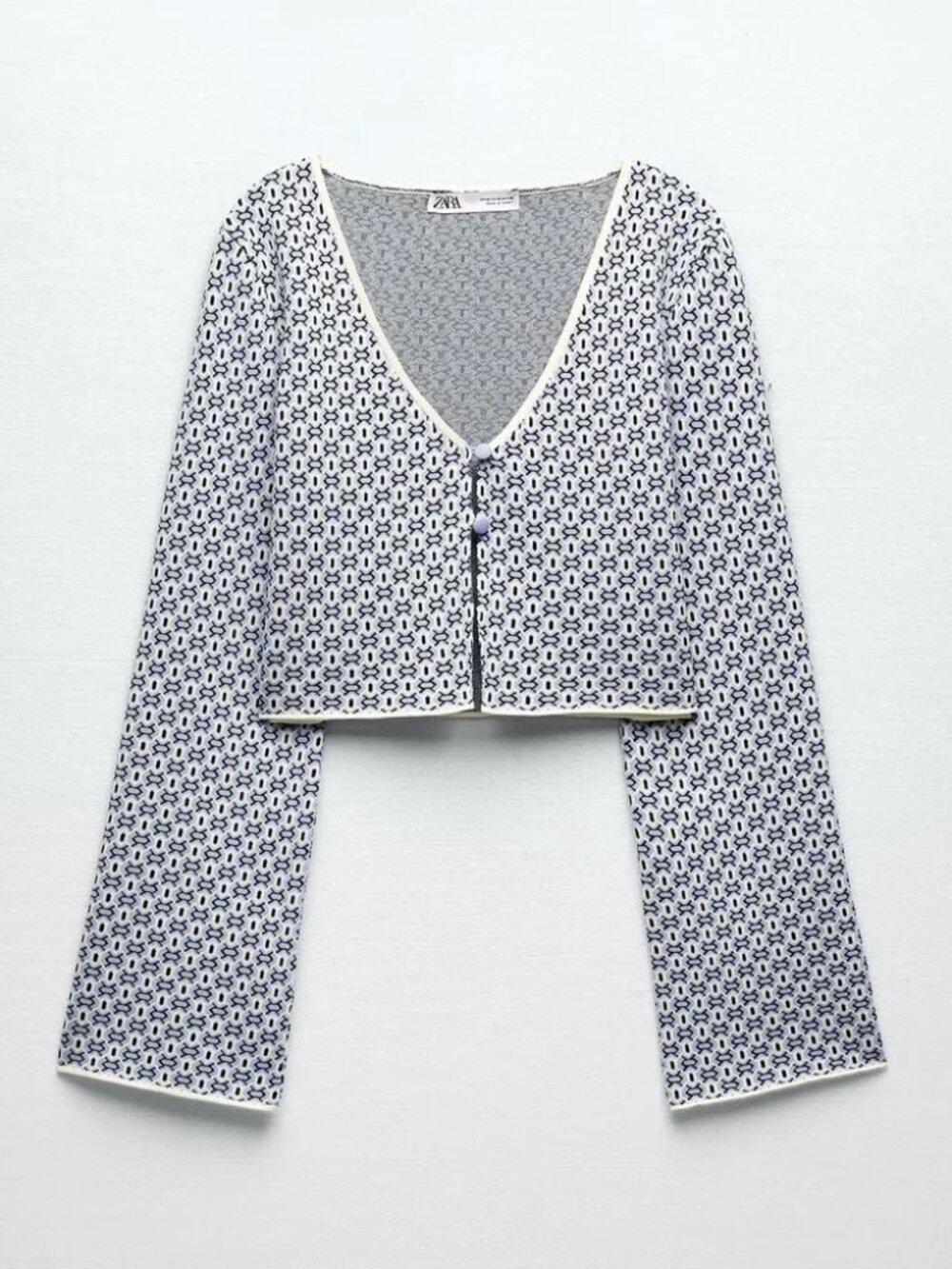 Zara Cropped Knit Cardigan w/ Flared Long Sleeves in Geometric Blue Print NWOT - Picture 2 of 6